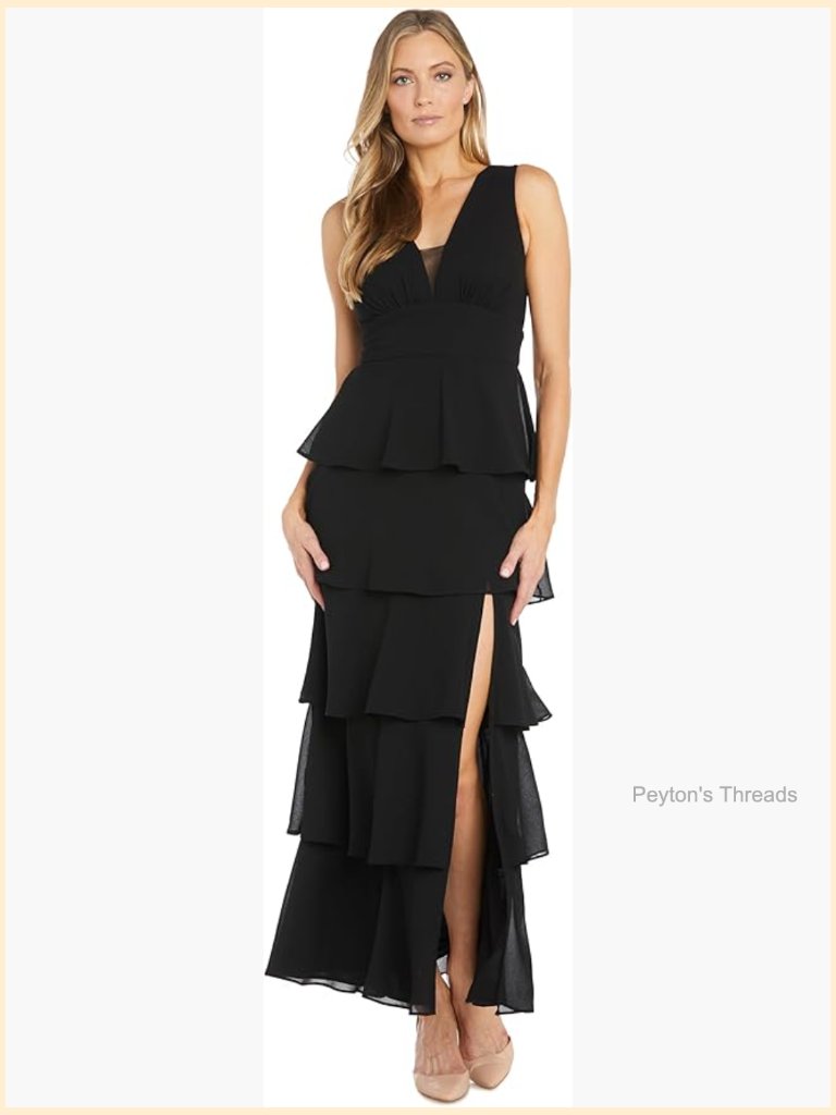 Elegant Tiered Georgette Maxi Dress With Deep V-Neck & Side Slit